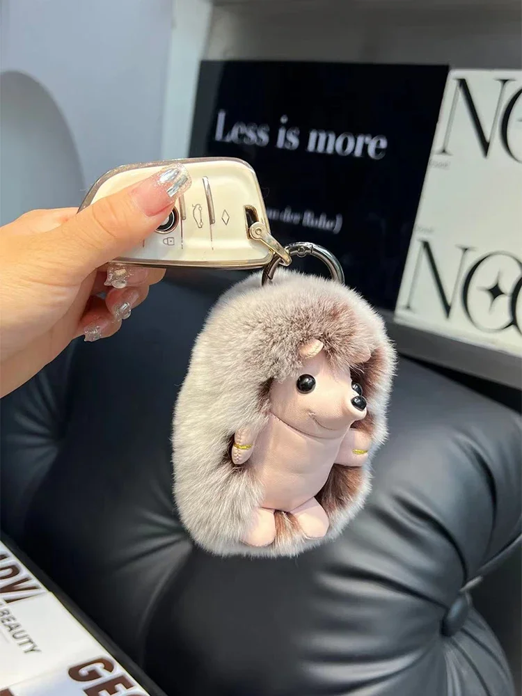 Cute Hedgehog Real Rex Rabbit Fur Key Chains Plush Toy Pendant Kids School Bag Hanging Ornaments Women Car Keyring Trinkets Gift
