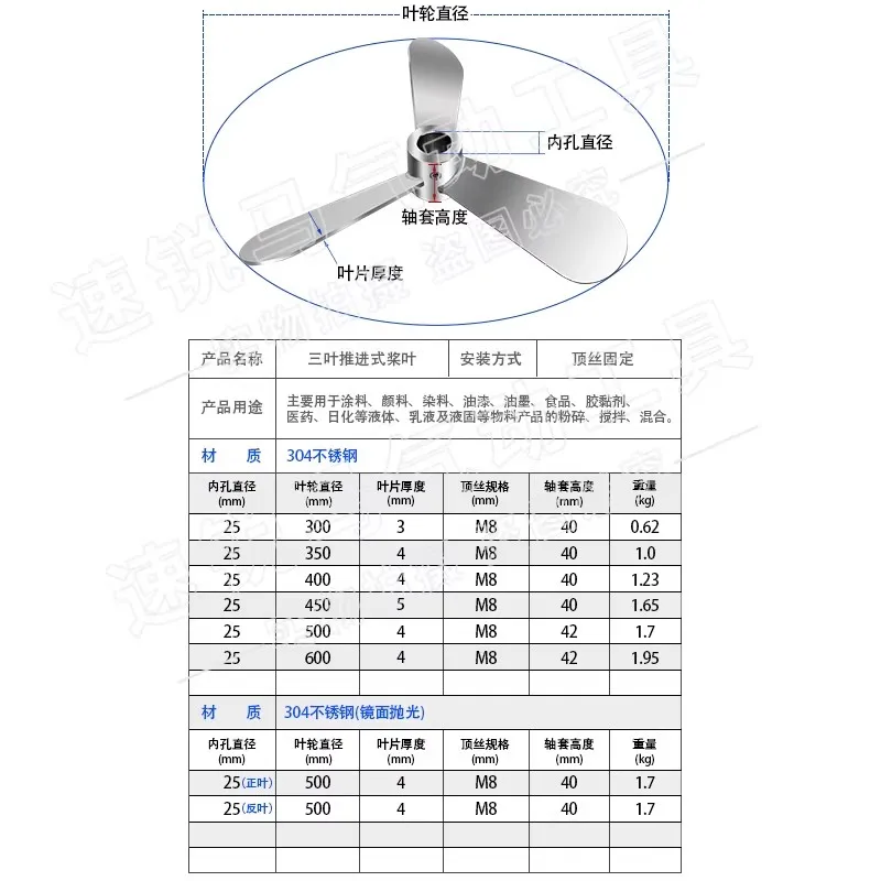 Pneumatic Mixer Impeller, Three-Blade Stainless Steel Mixing Paddle, Inner Hole Diameter 25mm, Push-Type Spiral Three Blades