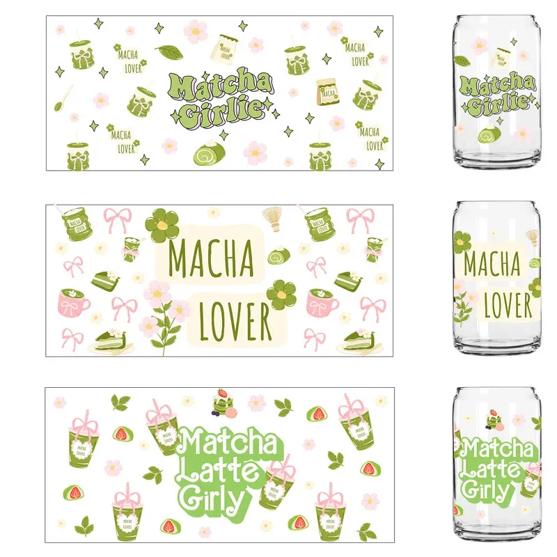 I love matcha series easy peel waterproof Party DIY Decals 3D transfers uvdtf tumbler seal stickers 16oz uv dtf cup wraps