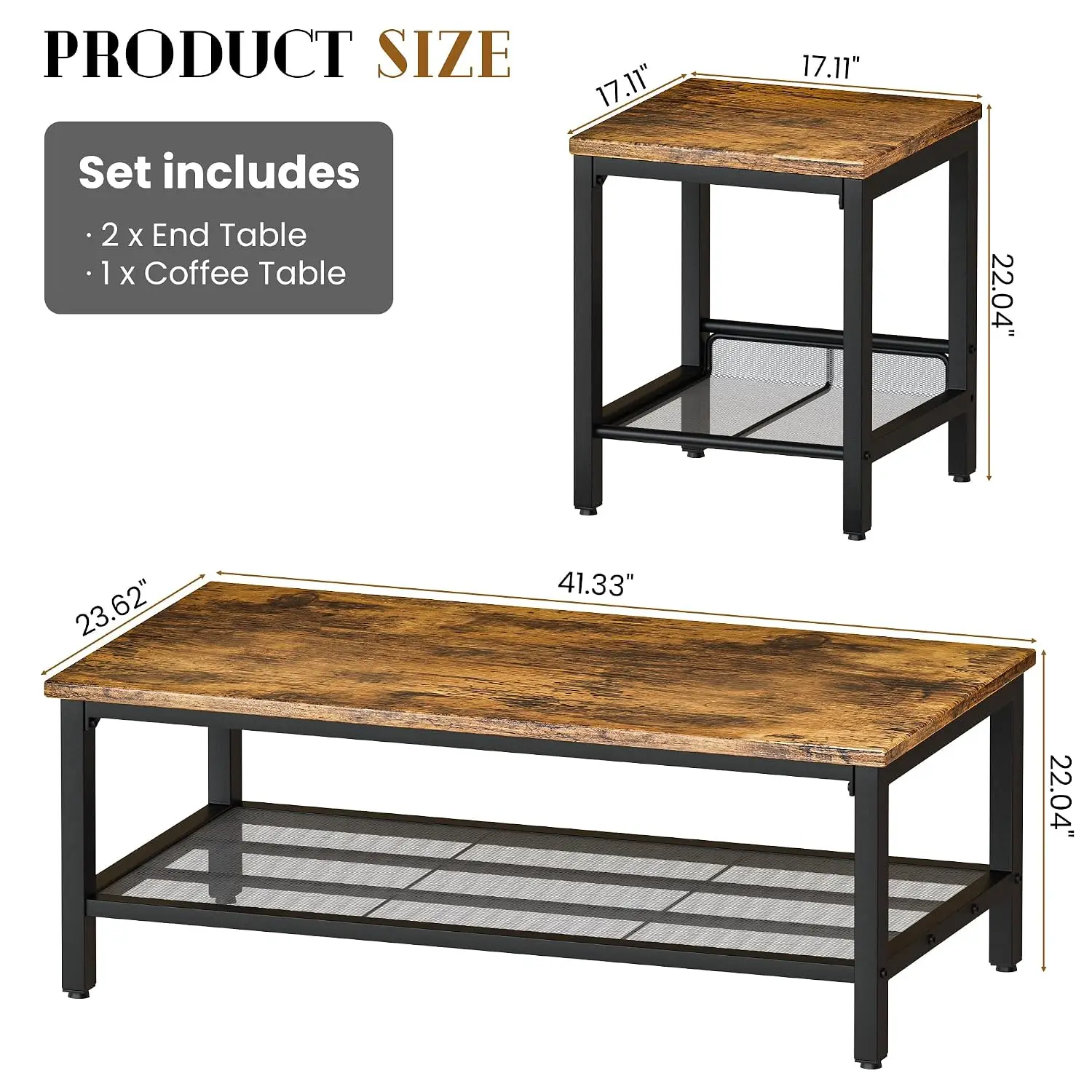 Coffee Table Set with 2 End Tables, Metal Frame Living Room Furniture for Apartment Home Office, Rustic Brown, Customized