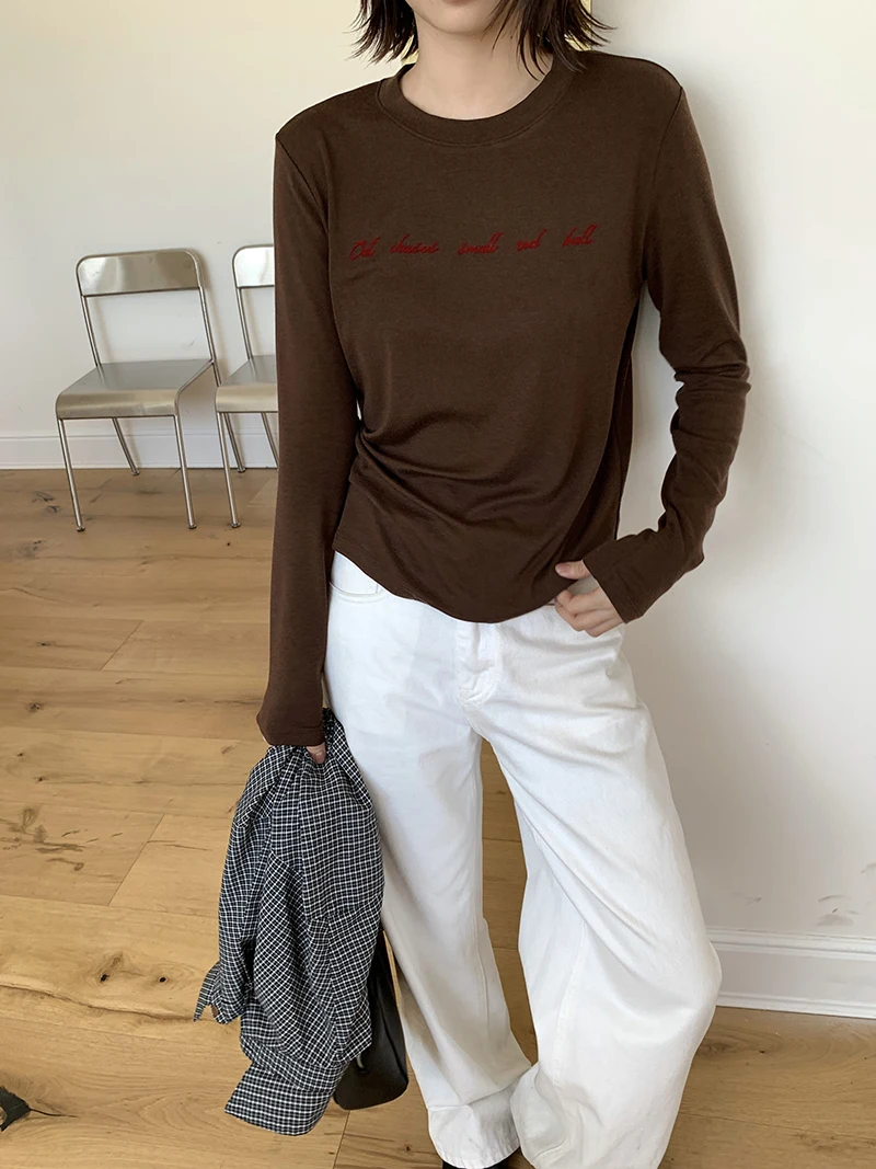 

Women's casual letter printed round neck long sleeved slim fit T-shirt