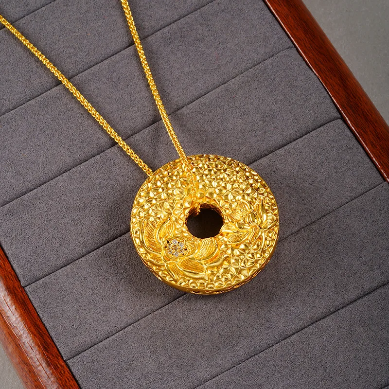 

Smooth Polished Edge Lotus Diamond Hammered Safety Pendant For Women 24K Gold AU999, No scratch for daily wearing