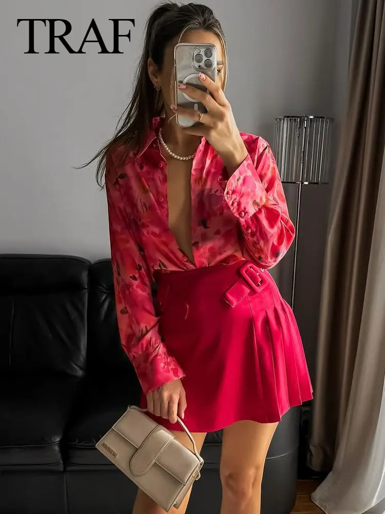 TRAF Women Elegant Print Decoration Long Sleeves Casual Satin Blouse Top Woman Chic Single-Breasted Lapel Loose Shirt Top