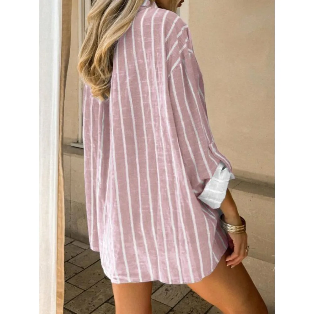 Plus Size 1XL-5XL New Spring Autumn Women's Striped Blouse Shirts Ladies Casual Long Sleeved Lapel Tops Shirt