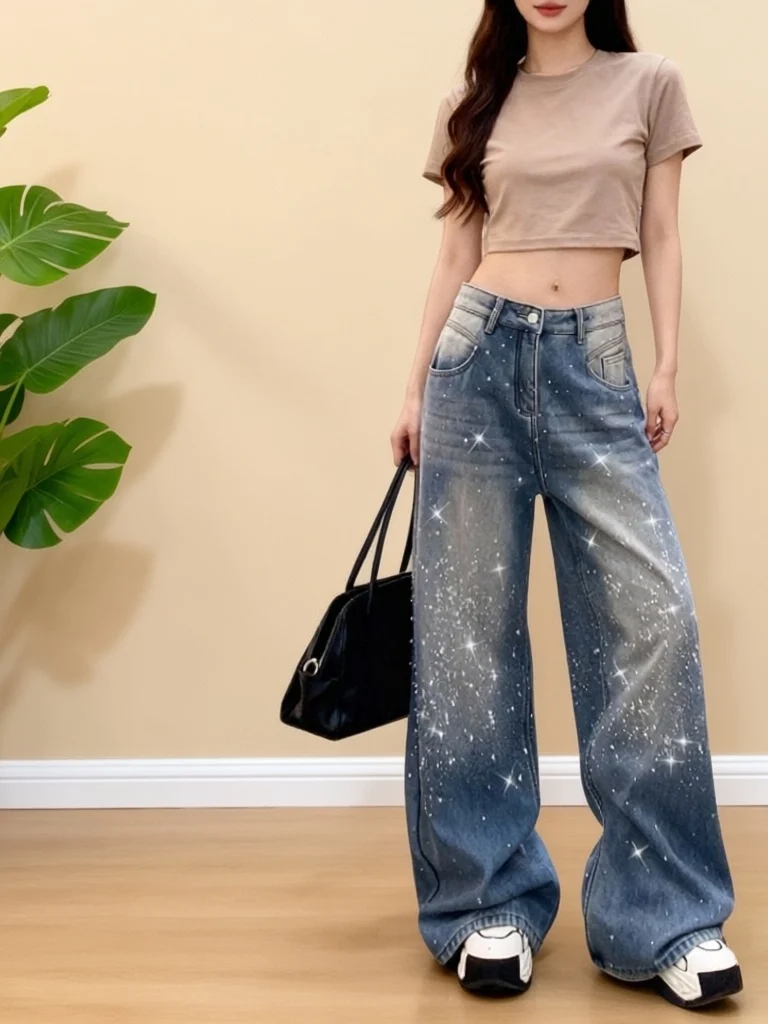 

Женские джинсы с высокой талией и широкими штанинами, украшенные стразами, светящиеся, весенние, модные, повседневные, с множеством карманов, из синего денима с эффектом потертости