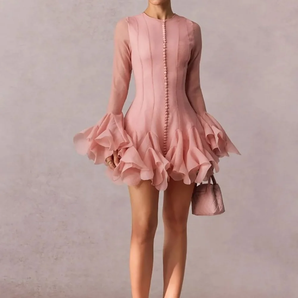

Exquisite Prom Dresses O Neck Full Sleeves Pleats Ruched Luxury Birthday Evening Gown High Quality Above Knee Length Mini