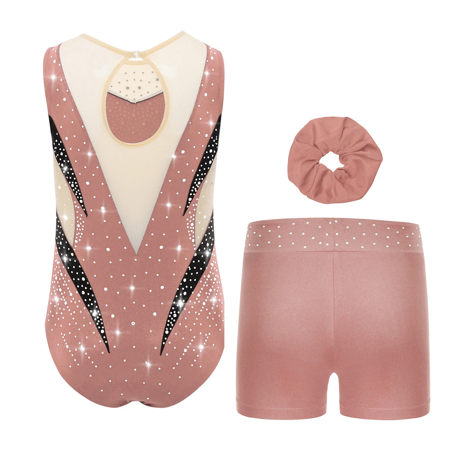 Kids Girls Professional Figure Skating Performance Outfit Color Block Metallic Leotard for Gymnastics Ballet Latin Competition