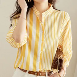 #3227 Yellow Vertrical Striped Shirts Women Stand Collar Sexy Three Quarter Sleeve Womens Tops And Blouses Thin Loose Summer