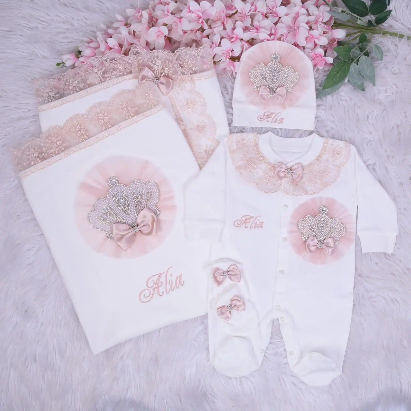Angle Wing Take Me Home Outfit Pink Lace Baby Gown Baptism Gift Butterfly Baby Outfit and Bonnet  Infant Girl 3pcs Layette view 6