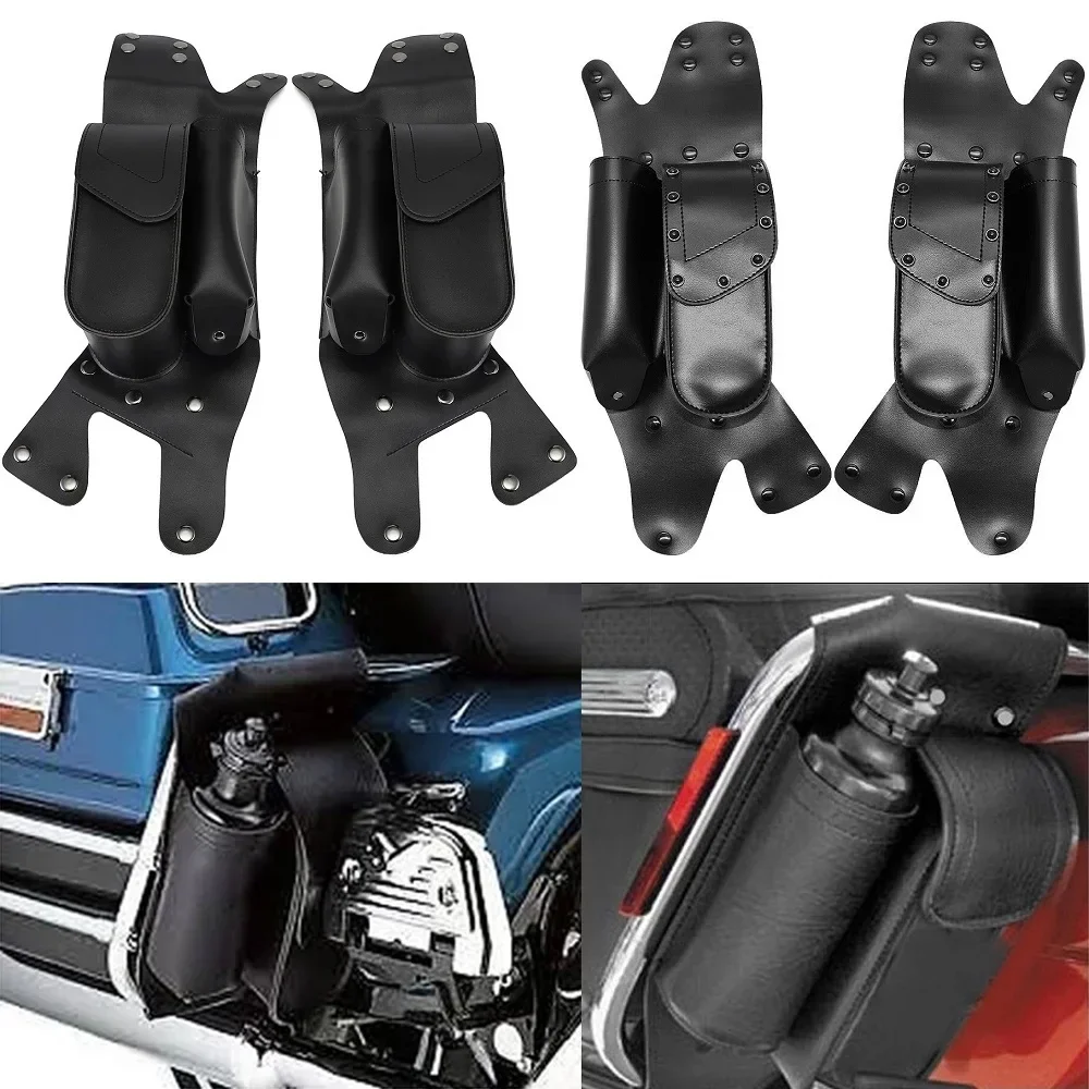 Motorcycle PU Leather Left Right Saddlebag Guard Crash Bar Bag Water Bottle Holder For Harley Touring Electra Street Glide 83-up