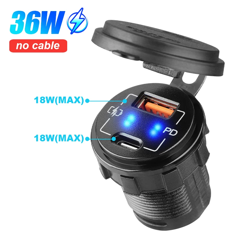 36W 5 Gang Waterproof Rocker Switch Panel 12V 24V LED Digital Voltmeter QC3.0 & PD Dual USB Car Charger Adapter Socket RV Boats