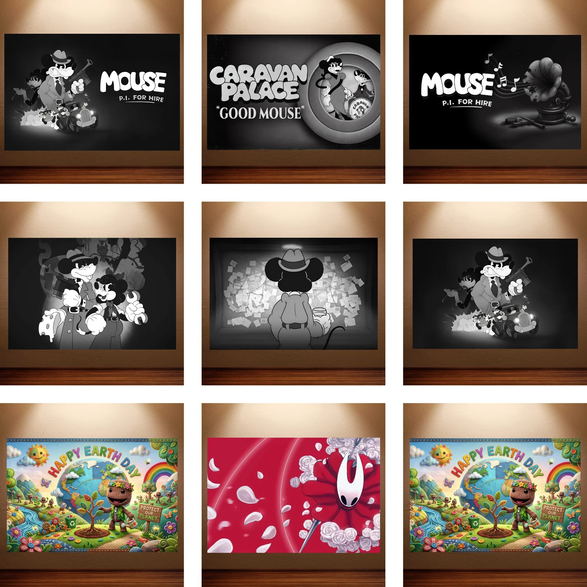 Mickey Mouse Noir & Hollow Knight Posters Canvas Paintings Retro Cartoon & Game Art Prints Wall Decor for Bedroom & Gaming Room