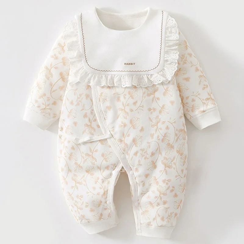 

Комплекты из 2 предметов, осенне-зимние товары для новорожденных, одежда для маленьких девочек, корейские комбинезоны с длинными рукавами и милыми цветами + нагрудники, детские комбинезоны B278