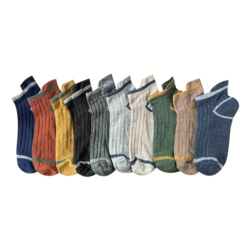 10 Pair Unisex Solid Color Casual Striped Short Ankle Socks For Daily Life, Breathable Solid Versatile Crew Socks