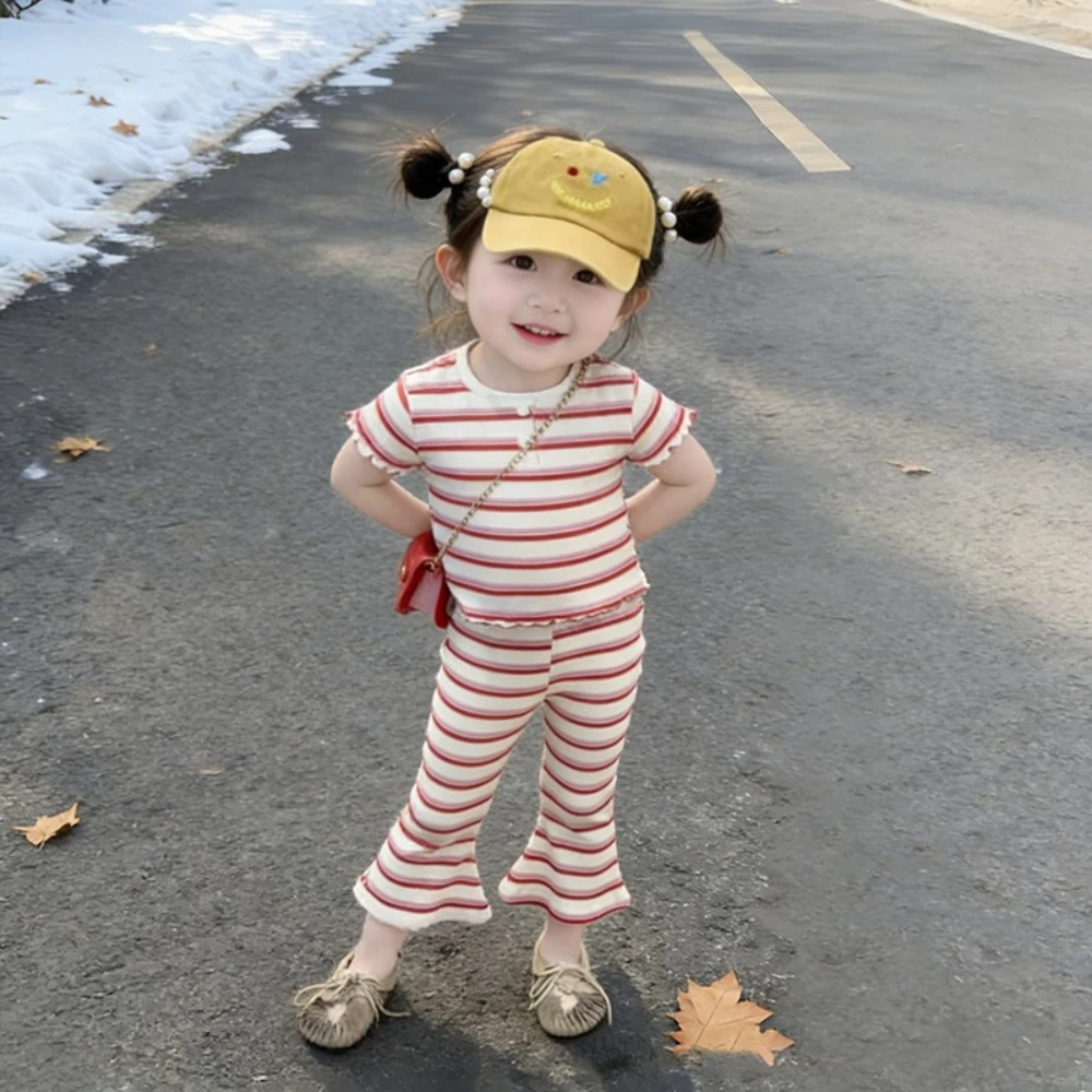 New Summer Korean Fashion Children's Clothing Round Neck Lace Striped Top+Pants Casual Daily Girls Set for 2-7 Years Old