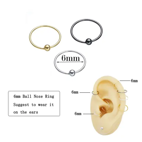 클래식 볼 모양 피어싱 코 링, 다양한 크기, 6mm 8mm 10mm 스털링 실버 925 피어싱 이어 링, 여성 쥬얼리