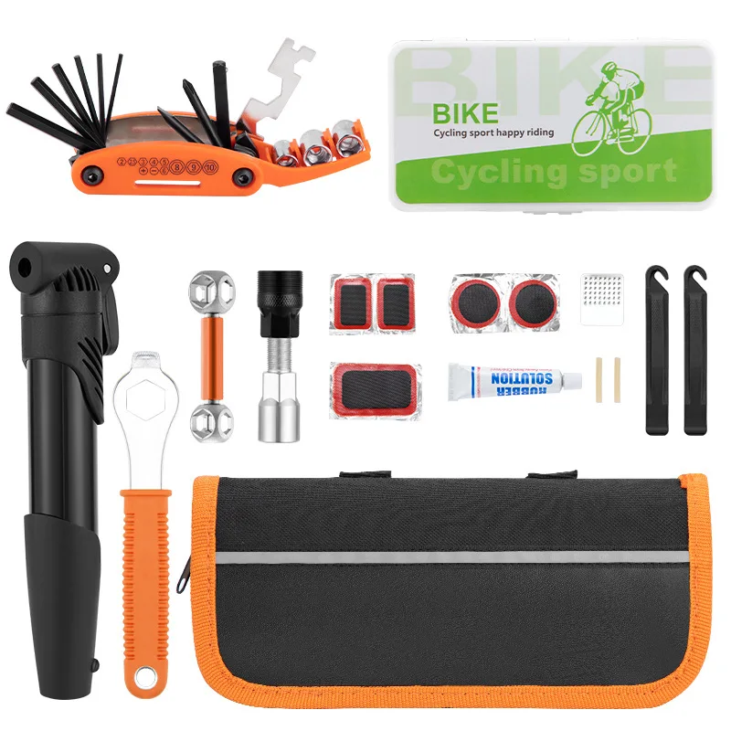 

Bicycle Repair Bag With Tire Pump, Portable Tool Kit for Camping Travel Patches Inflator Maintenance Essentials All in One Safet