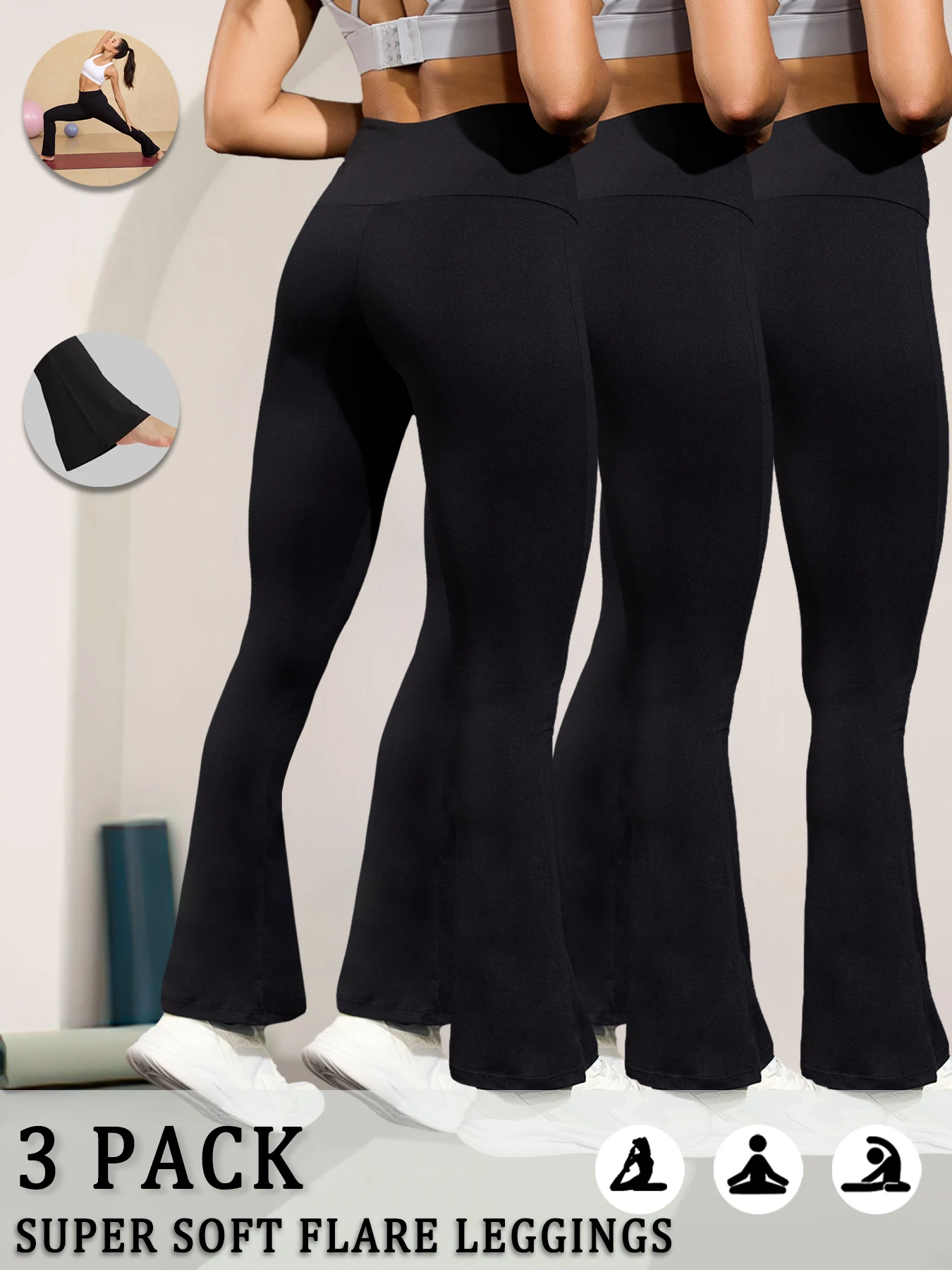 

3 Pack Women's Super Soft Flare Pants High Waisted Tummy Control Workout Yoga Push Up Gym Fitness Long Leggings Bell Bottoms