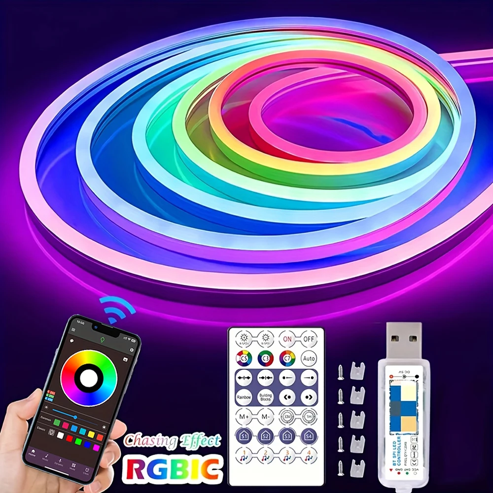 Tira de luces LED RGBIC tira de neón Flex IP65 impermeable más de 1600 efectos luces de colores de sueño para el hogar, decoración de fiestas, iluminación exterior