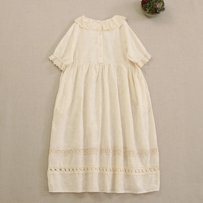 Japanese Sweet Mori Girl Embroidery Ruffle Collar Cotton Midi Dress Women Kawaii Summer Short Sleeve Casual Loose Long Dresses
