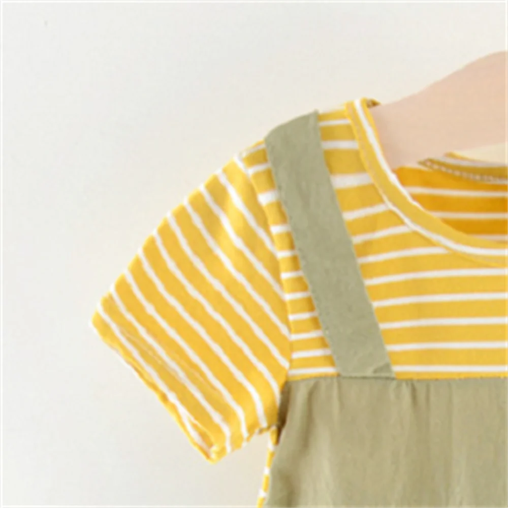 Summer girls short sleeved dress baby girl striped short sleeved solid color strap dress fake two pieces