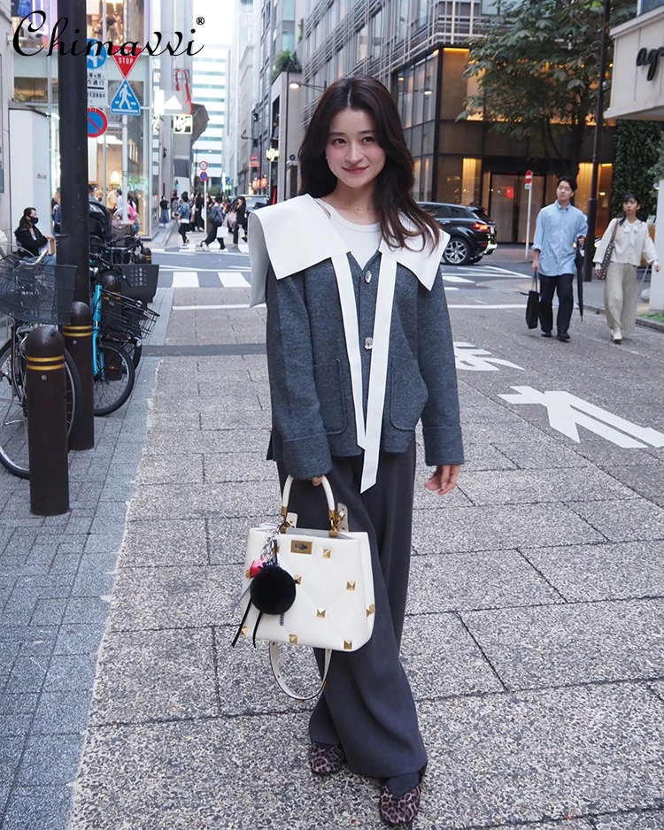 

Japanese Style Loose Deep V-Neck Long Sleeve Fake Two-Piece Sweater Autumn New Sweet Casual Lace-Up Knitted Cardigan Women's Top