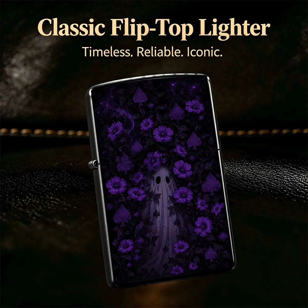 Pocket Lighter, Flip-Top Windproof Design, Metal Case, Purple Flowers & Skull Graphic on Dark Background, Stylish, Durable, Portable, Ideal for Daily Use and Gifting