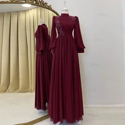 A-Line Muslim Burgundy Evening Dresses Modest High Collar Long Sleeves Formal Wedding Party Guest Gowns Chiffon Robes De Soirée