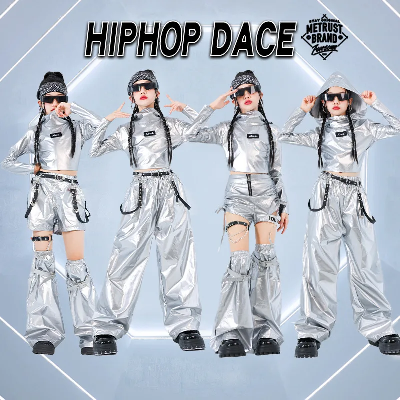 Girls K-pop Silver Crop Hoodies Shiny Cargo Pants Street Dance Shorts Kids Hip Hop Streetwear Children Jazz Hi Tech Clothes Sets