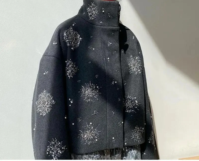 2025 Autumn/Winter Women's Jacket Personalized Street Loose Single Breasted Stand Up Collar Flower Glitter Jacket - Image 6