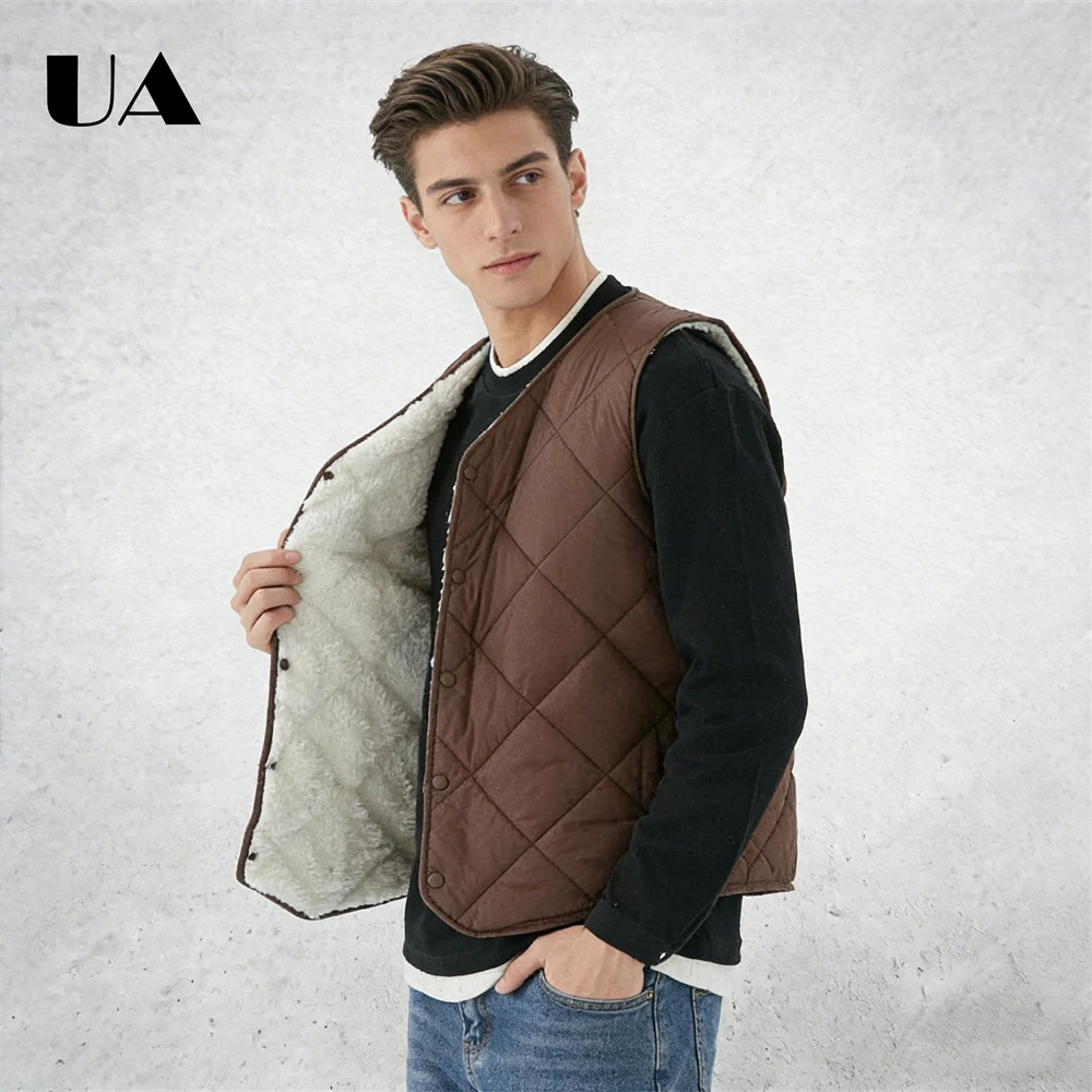 Quilted Sleeveless Vest with Fleece Lining – Warm Sherpa Interior, Button-Front Design, Lightweight Padded Fabric. Mens Vest