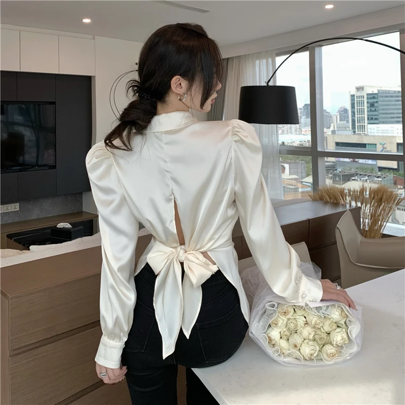 French Elegant Satin Shirts Women Spring Autumn New Slit Single Breasted Bubble Sleeve Bandage Blouses or Tops for Woman