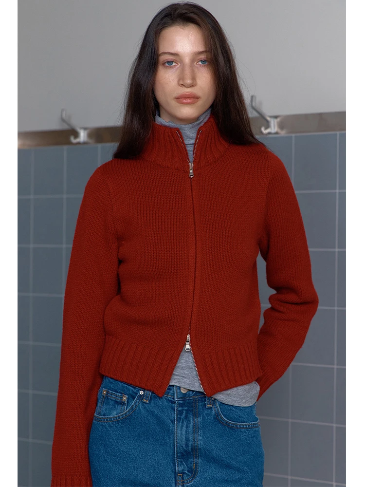 

Классический красный свитер на двойной молнии в стиле ретро, простой теплый вязаный топ с воротником-стойкой, женский длинный свеч, зимний ...