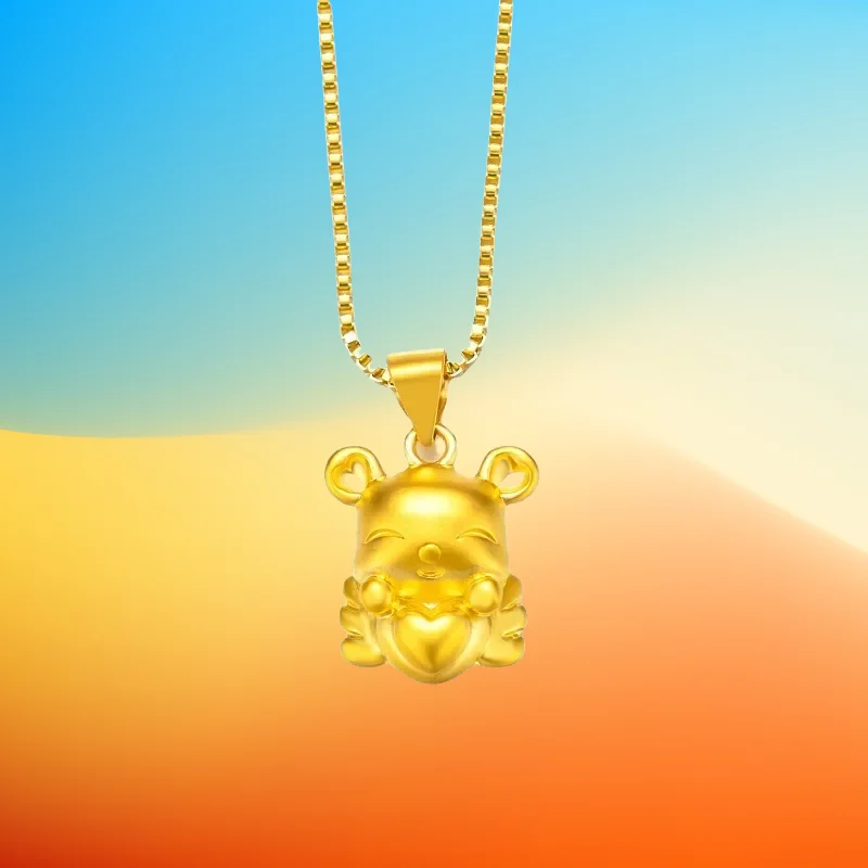 

Gift 2025 24K Gold Heart - Hugging Bear Pendant | AU999 Pure Gold, 3D bear with heart, pink enamel blush, sweet & girly