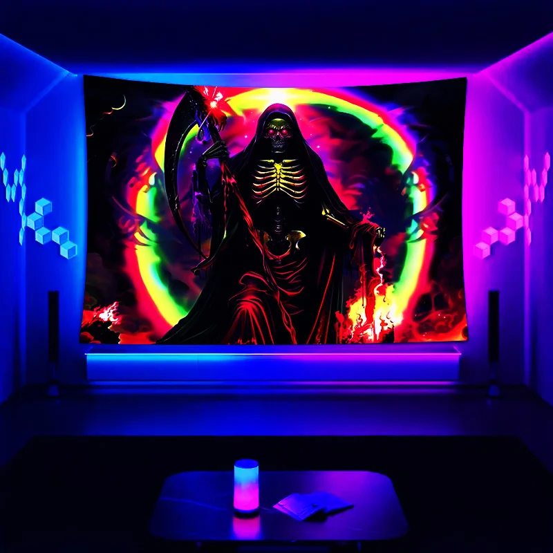 VIKAMA Dark Grim Reaper Tapestry Sickle Skeleton Dazzle Flame Gaming Room Escape Halloween Party Decoration