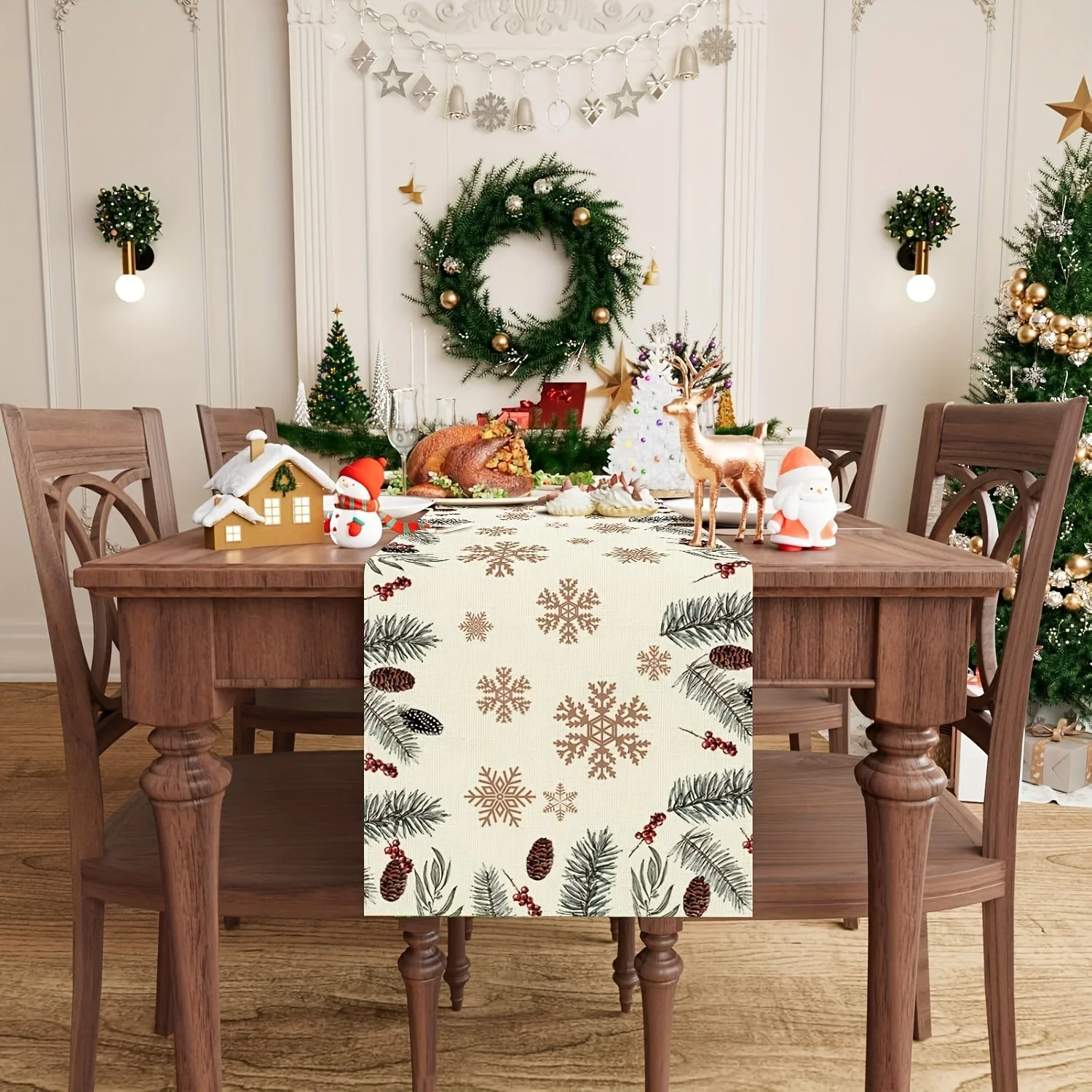 Bohemian style rectangular Christmas table runner with pine cones, snowflakes and cardinals for festive dining, farmhouse kitche