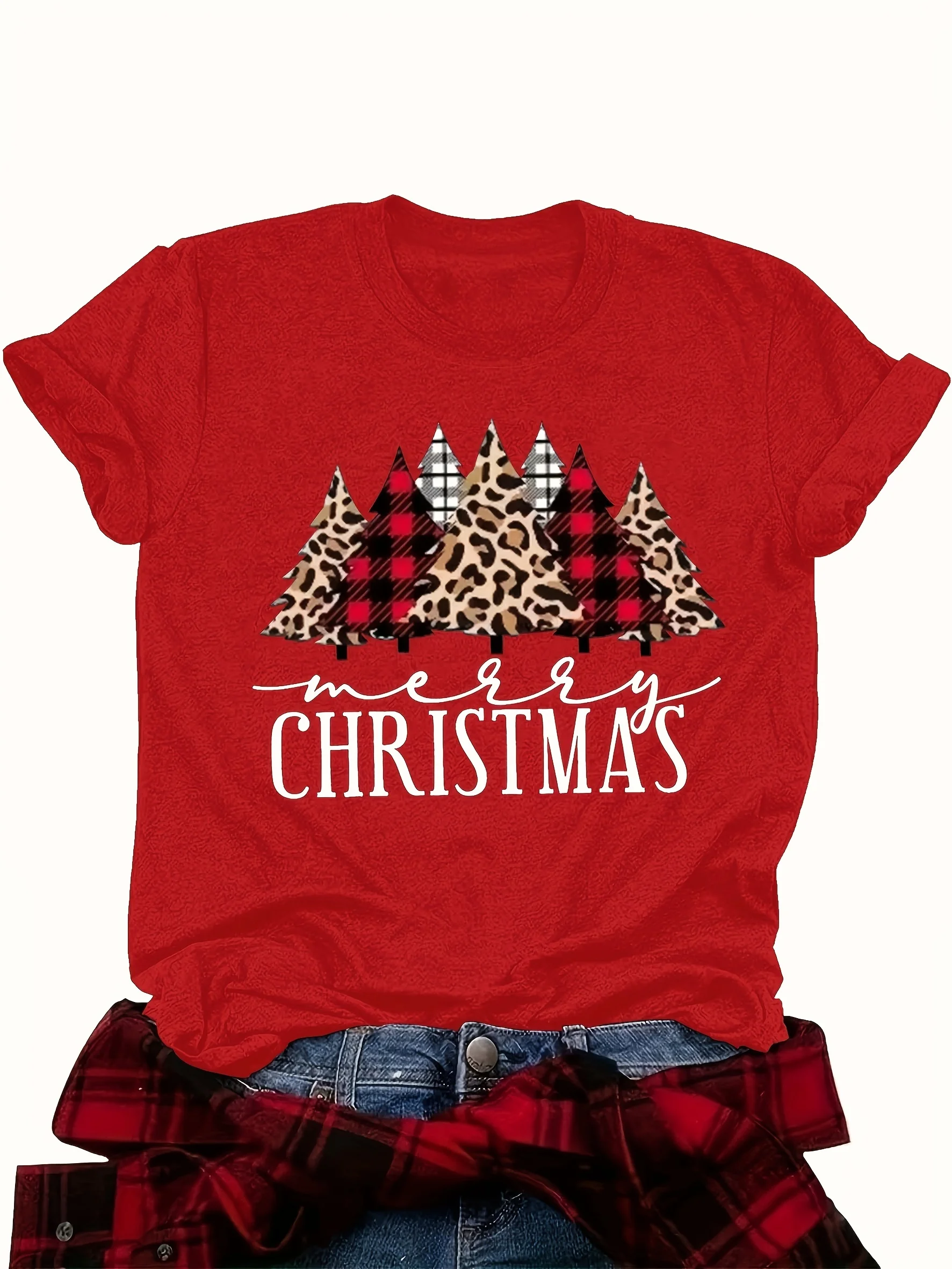 

Womens Casual Sleeve Vibrant Red Christmas Graphic with Leopard Print Trees Checkered Patterns Merry Christmas Aesthetic Clothes