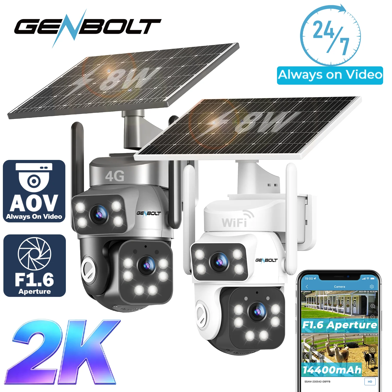 GENBOLT 2K Solar-Sicherheitskamera für den Außenbereich, kabellos, WLAN oder 4G, PTZ-IP, 24/7-Aufzeichnung, 14400mAh Akku, KI-Erkennung