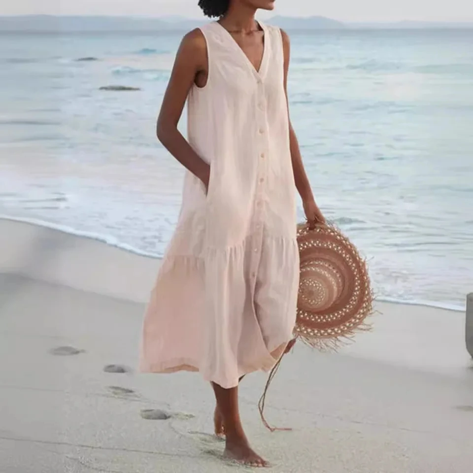 

Summer Cotton Linen Women Long Dress V-neck Pocket Loose Female Trendy Fashion Casual Holiday Beach Clothes Tank Midi Dresses
