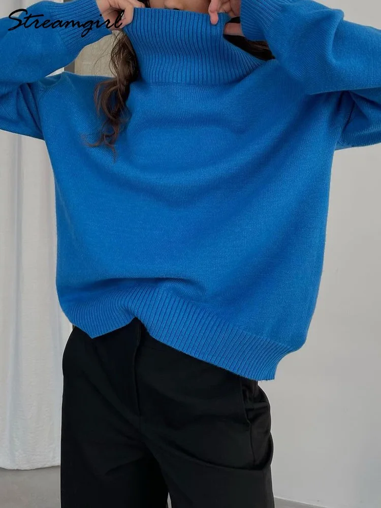 Blue Pullover For Women Turtleneck Sweaters Autumn Winter Thick Warm Knitted Loose Green Vintage Oversize Sweater Women 2022