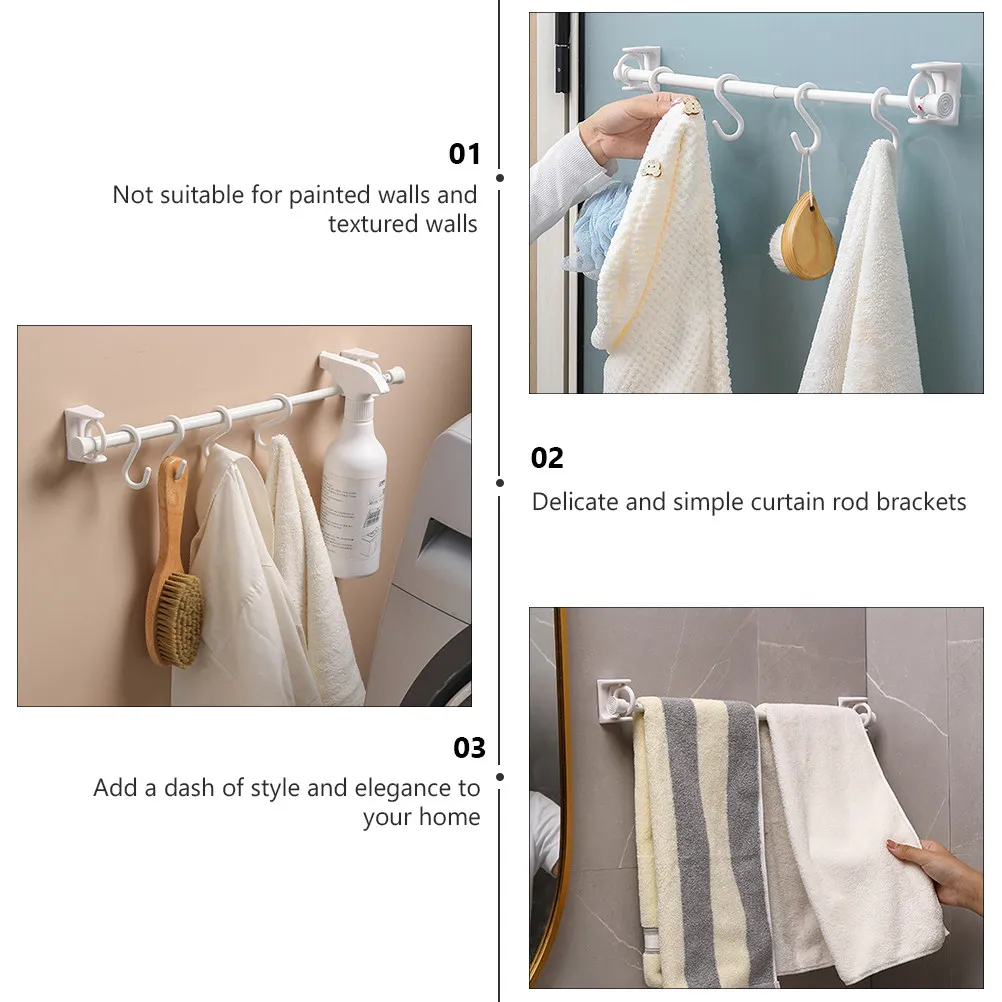 4Pcs White Simple Style Curtain Rod Brackets Nail-Free Adhesive Multipurpose Rod Holder for Living Room Bedroom Kitchen Office