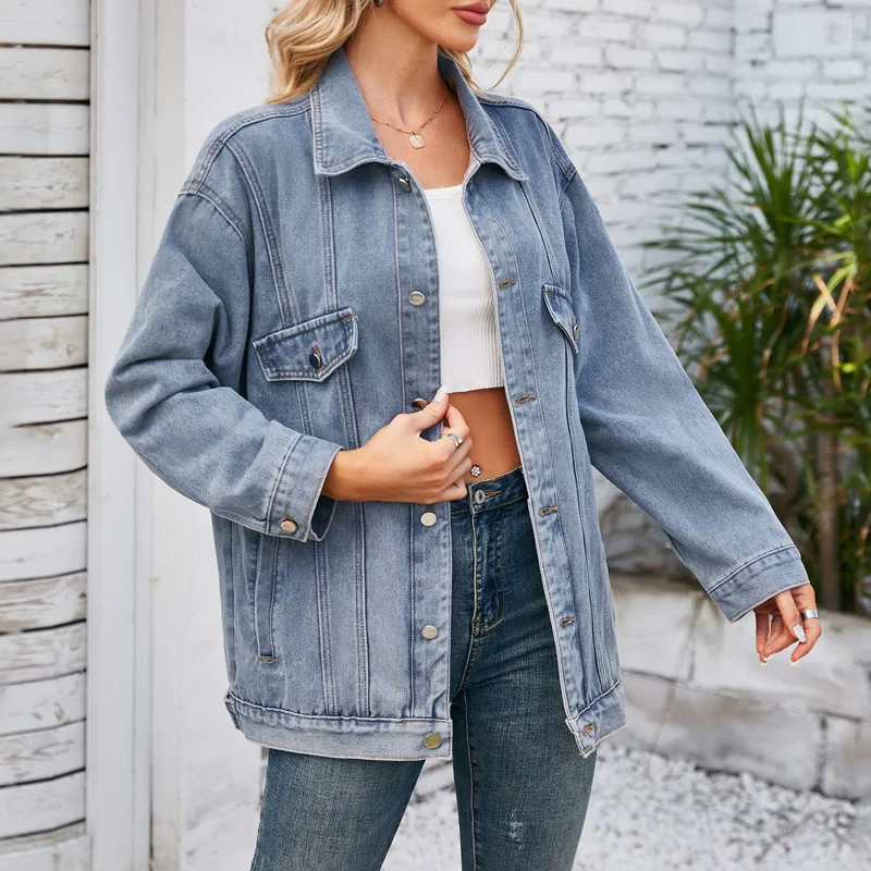 Benuynffy American Casual Denim Jacket Women's Spring Autumn Vintage Long Sleeve Loose Washed Single breasted Jean Coat Female