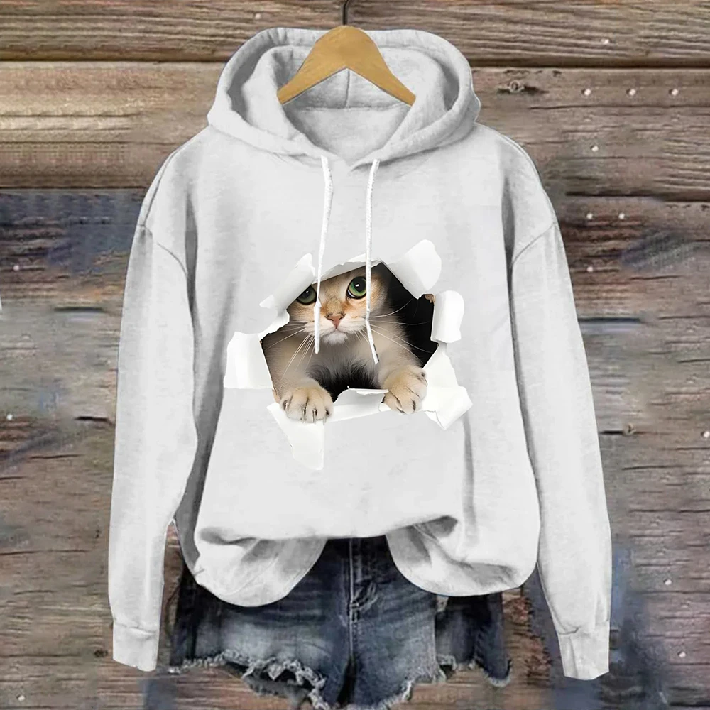 Cute Cat Print Women's Hoodie Fall Fashion Street O-neck Women's Sweatshirts Casual Loose Female Y2K Clothing Tops Hoodies