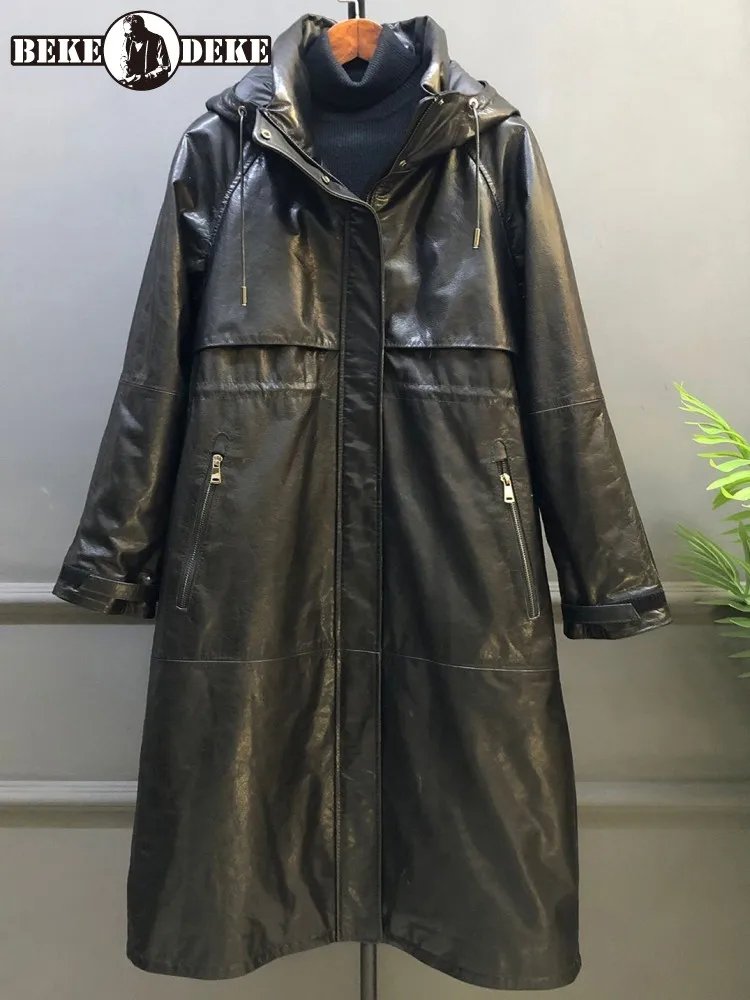 

Streetwear Female Fashion Hooded Zipper Genuine Leather Long Jacket Solid Color Cowhide Warm Comfortable Trench Outerwear