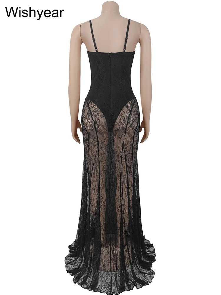 Wishyear Damen Sexy Black Mesh Lace Floral Bodysuit Spaghettiträger Meerjungfrau Kleid für Nachtclub Geburtstag Party Abendrobe