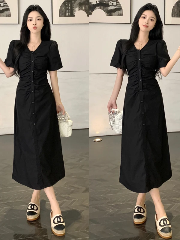 

plus Size A-Line Short Dress V-Neck Pleated Waist-Cinching Slimming Meat-Covering Summer New Style Hepburn Style Sleeveless D...