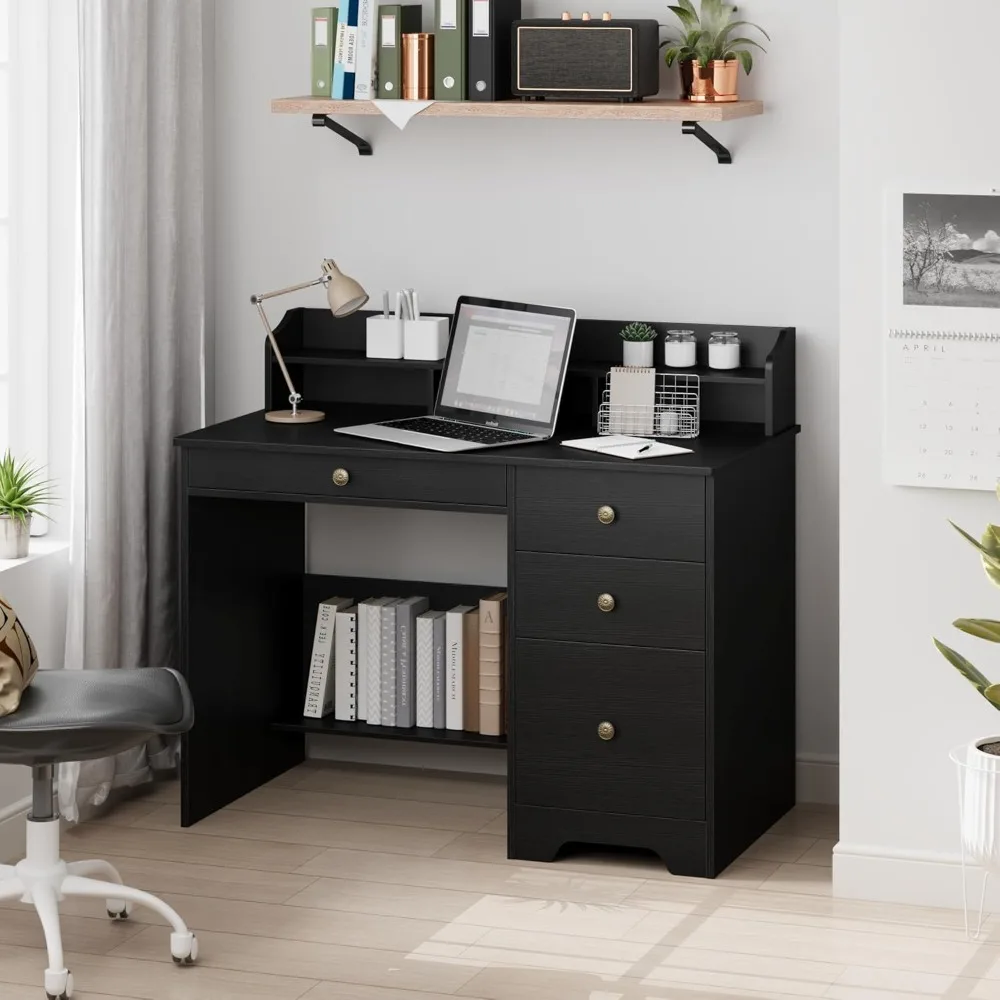 

Computer Desk with Drawers and Hutch Shelf, Wood Executive Desk Writing Study Table with 43” Wide Tabletop, Small Desk wi