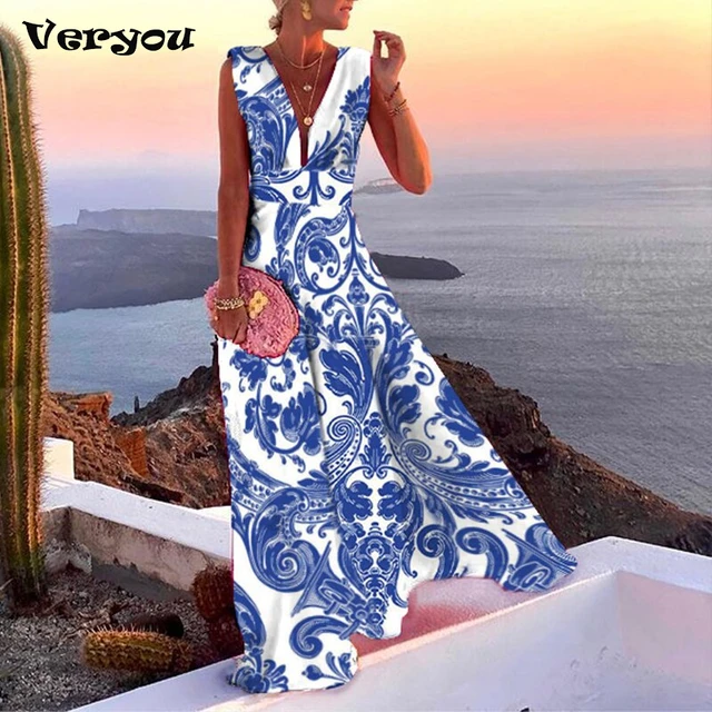 White Blue Porcelain Print Dress | Blue White Dress Female | Blue White  Dress Womens - Dresses - Aliexpress