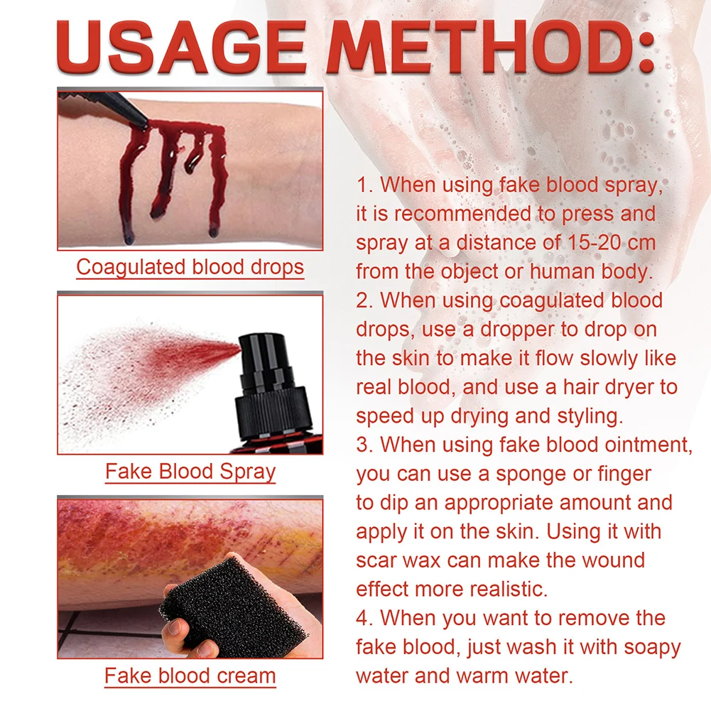 Juego de gel de sangre para maquillaje de escenario, accesorios de maquillaje seguros sin irritación para Halloween, accesorios de película de terror