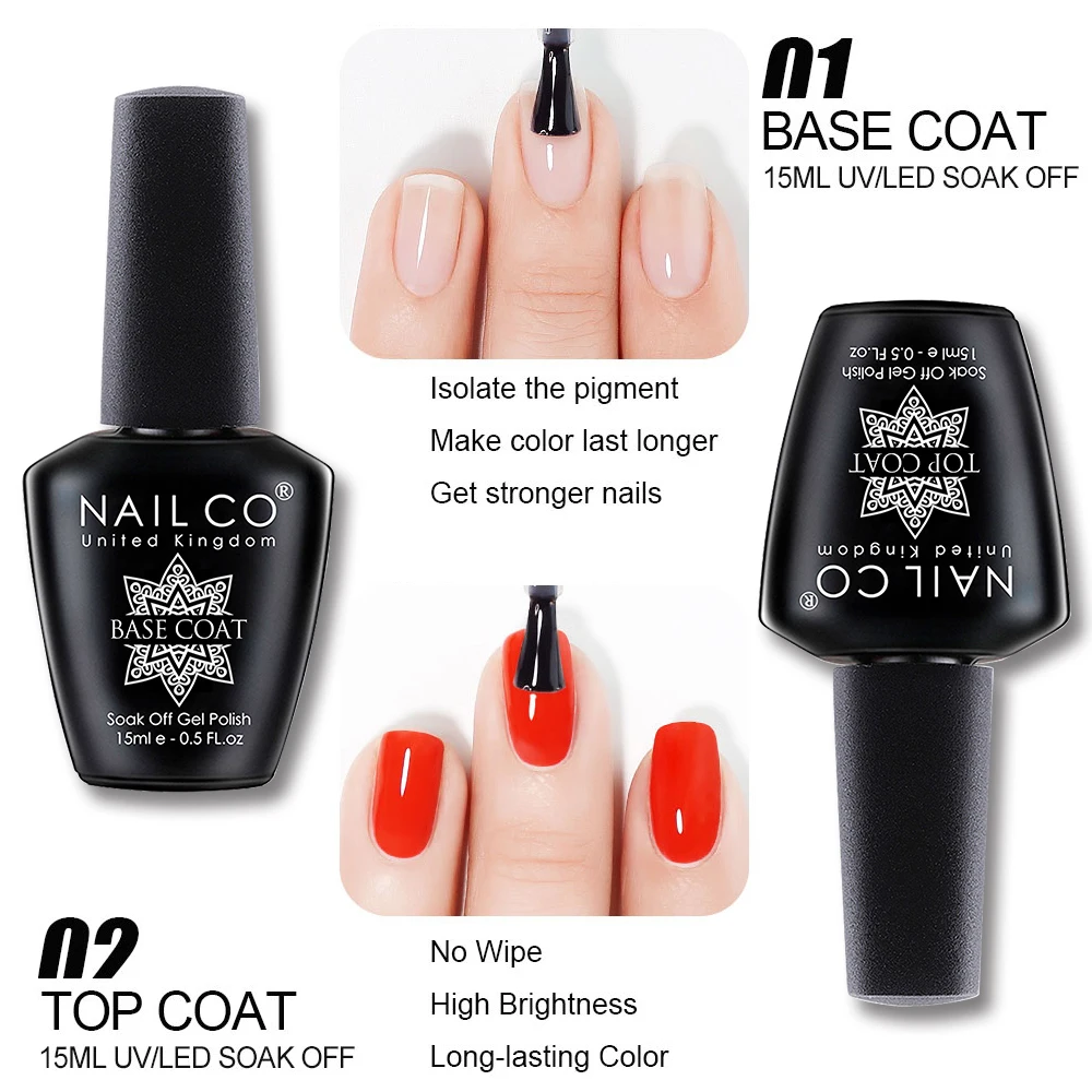 

NAILCO 15ml Base Coat Top Coat UV Gel Nail Polishes 2pcs/Set Colors Lakiery Hybrydowe Vernis Esmalte Nails Art Manicure Soak Off